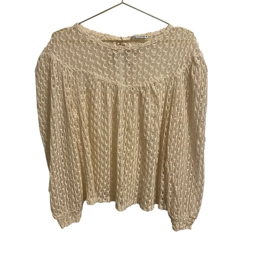 Zara Cream Embroidered Scoop Neck Puff Sleeve Blouse Shear Size MED